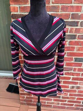Black, Pink and White Striped Assymetrical Blouse by Abe Size M